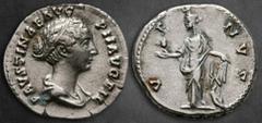 Roman Imperial Faustina II AD 147-175. Rome Denarius AR 17 mm, 3,53 g FAVSTINAE AVG PII AVG FIL, draped bust to right / VENVS, Venus standing facing, head to left, holding apple and dolphin-entwined r