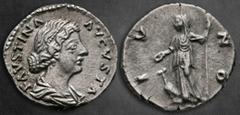 Roman Imperial Faustina II AD 147-175. Rome Denarius AR 18 mm, 3,24 g FAVSTINA AVGVSTA, draped bust right, wearing single circlet of pearls / IVNO, Juno standing left, holding patera and sceptre; to l