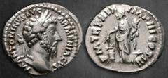 Roman Imperial Marcus Aurelius AD 161-180. Rome Denarius AR 18 mm, 3,31 g M ANTONINVS AVG ARMENIACVS, laureate head of Marcus Aurelius, right / P M TR P XIX IMP III COS III, Annona, standing front, he