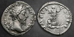 Roman Imperial Marcus Aurelius AD 161-180. Rome Denarius AR 18 mm, 3,19 g M ANTONINVS AVG TR P XXVIII, laureate head right / IMP VI COS III, German captive seated right at foot of trophy, surrounded b