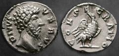 Roman Imperial Divus Lucius Verus AD 169. Rome Denarius AR 17 mm, 3,47 g DIVVS VERVS, bare head right / CONSECRATIO, eagle standing right, head left. Extremely Fine RIC 596a; RSC 55; BMC 503. Lucius V
