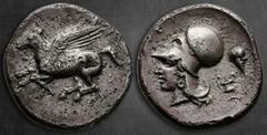 Greek Akarnania. Leukas circa 375-350 BC. Stater AR 22 mm, 8,33 g Pegasos flying left with straight wings, Λ below / Head of Athena to left, wearing Corinthian helmet, with leather neck guard, to righ