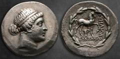 Greek Aiolis. Kyme circa 165-145 BC. Euktemon, magistrate Tetradrachm AR 33 mm, 15,87 g Head of the Amazon Kyme right, wearing tainia / Horse prancing right, one-handled cup below, KYMAIΩN to right, E