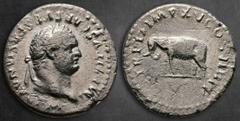 Roman Imperial Titus AD 79-81. Rome Denarius AR 18 mm, 2,81 g IMP TITVS CAES VESPASIAN AVG P M, laureate head right / TR P IX IMP XV COS VIII P P, elephant walking to left. Nearly Very Fine RIC II 115