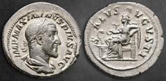 Roman Imperial Maximinus I Thrax AD 235-238. Rome Denarius AR 21 mm, 3,14 g IMP MAXIMINVS PIVS AVG, laureate, draped and cuirassed bust to right / SALVS AVGVSTI, Salus seated to left, feeding out of p