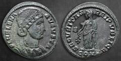 Roman Imperial Helena. Augusta AD 328-329. Constantinople Follis Æ 19 mm, 2,90 g F L HELENA AVGVSTA, diademed and mantled bust right / SECVRITAS REI PVBLICE / B / CONS, Salus standing left, holding br