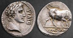 Roman Imperial Augustus 27 BC-AD 14. Lugdunum (Lyon) Denarius AR 18 mm, 3,80 g [AVGVSTVS] DIVI F, laureate head right / IMP XII, bull butting right. Very Fine RIC I 187a; RSC 155. Ex Alain Lagrange Co