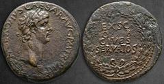 Roman Imperial Claudius AD 41-54. Rome Sestertius Æ 35 mm, 25,47 g [TI CLAV]DIVS CAESAR AVG P M TR P IMP, laureate head right / EX S C / OB / CIVES / SERVATOS, legend within wreath. Very Fine RIC 96. 