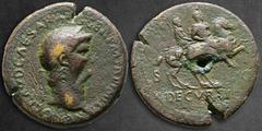 Roman Imperial Nero AD 54-68. Lugdunum (Lyon) Sestertius Æ 34 mm, 33,89 g [NERO CLAV]D CAESAR [AVG GER P M TR P IMP P P], laureate head of Nero to right, small globe at point of bust / DECVRSIO, Nero 