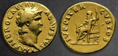 Roman Imperial Nero AD 54-68. Rome Aureus AV 19 mm, 6,97 g IMP NERO CAESAR AVGVSTVS, laureate head of Nero to right / IVPPITER CVSTOS, Jupiter seated left on throne, holding thunderbolt in his right h