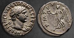 Roman Imperial Trajan AD 98-117. Rome Denarius AR 18 mm, 3,40 g IMP CAES NERVA TRAIAN AVG GERM, laureate bust right, with slight drapery / P M TR P C[OS IIII P] P, Victory standing facing, head left, 