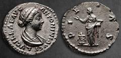 Roman Imperial Lucilla AD 164-169. Rome Denarius AR 17 mm, 2,91 g LVCILLAE AVG ANTONINI AVG F, draped bust right / PIE[T]AS, Pietas standing left, holding box and raising hand over lighted and garland