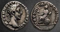 Roman Imperial Commodus AD 177-192. Rome Denarius AR 17 mm, 2,82 g M COMMODVS ANTONINVS AVG, laureate head right / TR P VIII IMP V COS IIII PP, Roma seated left on shield, holding Victory and spear. V