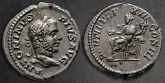 Roman Imperial Caracalla AD 198-217. Rome Denarius AR 18 mm, 3,25 g ANTONINVS PIVS AVG BRIT, laureate head right / PONTIF TR P XIII COS III, Concordia seated to left, holding patera and double cornuco