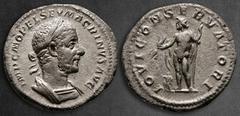 Roman Imperial Macrinus AD 217-218. Rome Denarius AR 20 mm, 3,57 g IMP C M OPEL SEV MACRINVS AVG, laureate and cuirassed bust right / IOVI CONSERVATORI, Jupiter standing left, holding thunderbolt and 