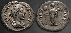 Roman Imperial Elagabal AD 218-222. Rome Denarius AR 19 mm, 3,05 g IMP ANTONINVS AVG, laureate, and draped bust right / FIDES MILITVM, Fides standing half-left, head right, holding grounded vexillum a