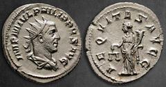 Roman Imperial Philip I Arab AD 244-249. Struck AD 247. Rome Antoninianus AR 23 mm, 4,23 g IMP PHILIPPVS AVG, radiate, draped and cuirassed bust right / AEQVITAS AVGG, Aequitas standing left, holding 
