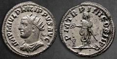 Roman Imperial Philip II AD 247-249. Antioch Antoninianus AR 21 mm, 3,41 g IMP M IVL PHILIPPVS AVG, radiate, draped, cuirassed bust left / P M TR P IIII COS II P P, Philip, veiled, standing left by al