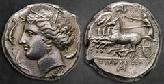 Greek Sicily. Syracuse. Agathokles 317-289 BC. Tetradrachm AR 26 mm, 17,47 g Head of Arethusa left, wreathed with grain, wearing triple-pendant earring and necklace; three dolphins around, NI below ne