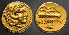 Greek Kings of Macedon. Pella. Philip II of Macedon 359-336 BC. struck under Philip II or Alexander III, circa 340-328 1/4 Stater AV 11 mm, 2,15 g Head of Herakles to right, wearing lion skin headdres