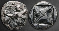 Greek Thraco-Macedonian Region. Berge, Previously identified as either Lete or Siris circa 525-480 BC. Stater AR 22 mm, 9,80 g Ithyphallic satyr standing to right, grasping wrist of nymph fleeing to r