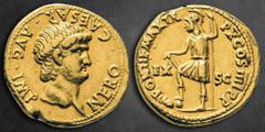 Roman Imperial Nero AD 54-68. Rome Aureus AV 19 mm, 7,28 g NERO CAESAR AVG IMP, bare head right / PONTIF MAX TR P X COS IIII P P, Virtus standing left, helmeted and in military dress, with right foot 