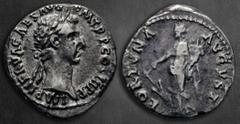 Roman Imperial Nerva AD 96-98. Rome Denarius AR 18 mm, 3,25 g IMP NERVA CAES AVG P M TR P COS II P P, laureate head right / FORTVNA AVGVST, Fortuna standing left, holding rudder and cornucopia. Very F