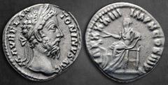 Roman Imperial Marcus Aurelius AD 161-180. Rome Denarius AR 17 mm, 2,75 g M AVREL ANTONINVS AVG, laureate head of Marcus Aurelius to right / TR P XXXIII IMP X COS III P P, Salus seated left, feeding s