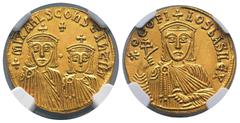 Byzantine Theophilus, with Constantine and Michael II AD 829-842. Constantinople Solidus AV 21 mm, 4,40 g *ΘЄOFI-LOS bASILЄ Θ, draped bust of bust of Theophilus facing, with short beard, wearing crown