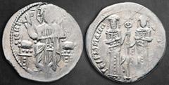 Byzantine Andronicus II Palaeologus, with Michael IX AD 1282-1328. Constantinople Basilikon AR 21 mm, 2,15 g KVPI BOHΘEI, Christ, nimbate, seated facing on throne, wearing tunic and pallium, raising H