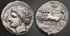 Greek Sicily. Syracuse. Agathokles 317-289 BC. Pre-royal coinage, ca. 310-305 BC Tetradrachm AR 26 mm, 17,16 g Head of Persephone left, wreathed with grain ears, wearing triple-pendant earring and bea