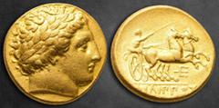 Greek Kings of Macedon. Pella. Philip II of Macedon 359-336 BC. Struck under Philip II or Alexander III, circa 340/36-328 BC Stater AV 18 mm, 8,49 g Laureate head of Apollo right / [Φ]IΛIΠΠOY, chariot