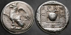 Greek Thrace. Abdera circa 415-395 BC. Heragores, magistrate Tetradrachm AR 24 mm, 14,75 g Griffin seated left, raising right foreleg / Hydria, wreathed with ivy, within linear square; EΠH PA-ΓO-PEΩ a