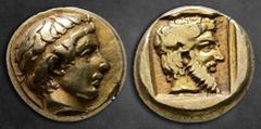 Greek Lesbos. Mytilene circa 454-428 BC. Sixth Stater or Hekte EL 11 mm, 2,59 g Young male head right, wearing tainia / Wreathed male head right, wearing long beard, in incuse square. Good Very Fine B