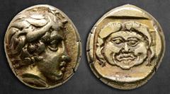 Greek Lesbos. Mytilene circa 454-428 BC. Sixth Stater or Hekte EL 11 mm, 2,56 g Head of Aktaeon right, wearing horn of stag / Facing gorgoneion within incuse square. Good Very Fine Bodenstedt 54; HGC 