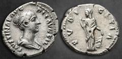 Roman Imperial Faustina II AD 147-175. Rome Denarius AR 19 mm, 3,50 g FAVSTINA AVG PII AVG FIL, draped bust right / PVDICITIA, Pudicitia standing left, drawing veil over face and raising skirt. Very F