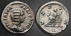 Roman Imperial Julia Domna. Augusta AD 193-217. Rome Denarius AR 18 mm, 2,93 g IVLIA PIA FELIX AVG, draped bust right / VESTA, Vesta seated left on throne, holding simpulum and sceptre. Nearly Extreme