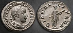 Roman Imperial Gordian III AD 238-244. Rome Denarius AR 20 mm, 3,00 g IMP GORDIANVS PIVS FEL AVG, laureate, draped and cuirassed bust right / DIANA LVCIFERA, Diana standing right, holding long torch i