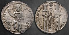 Byzantine Andronicus II Palaeologus, with Michael IX AD 1282-1328. Constantinople Basilikon AR 21 mm, 2,03 g KVPI BOHΘEI, Christ, nimbate, seated facing on throne, wearing tunic and pallium, raising H