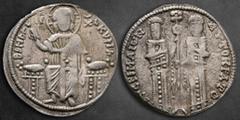 Byzantine Andronicus II Palaeologus, with Michael IX AD 1282-1328. Constantinople Basilikon AR 21 mm, 2,14 g KVPI BOHΘEI, Christ, nimbate, seated facing on throne, wearing tunic and pallium, raising H