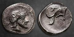 Greek Sicily. Himera circa 470-450 BC. Litra AR 10 mm, 0,61 g Bearded male head to right, wearing a crested Attic helmet, adorned with an olive sprig on the bowl / Attic helmet to right, adorned with 