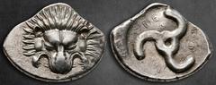 Greek Dynasts of Lycia. Limyra. Perikles 380-360 BC. Tetrobol AR 20 mm, 2,91 g Facing scalp of lion / Triskeles within incuse circle. Nearly Extremely Fine Müseler VIII.47-51; SNG von Aulock 4254-5. E