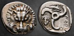 Greek Dynasts of Lycia. Uncertain mint (Phellos?). Perikles 380-360 BC. 1/3 Stater AR 17 mm, 3,03 g Lion scalp facing / Triskeles; in one section, draped bust of female facing slightly left; in anothe