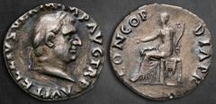 Roman Imperial Vitellius AD 69. Rome Denarius AR 17 mm, 2,95 g A VITELLIVS GERM IMP AVG TR P, laureate head of Vitellius right / CONCORDIA P R, Concordia seated left, holding patera and cornucopia. Ve
