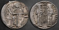 Byzantine Andronicus II Palaeologus, with Michael IX AD 1282-1328. Constantinople Basilikon AR 21 mm, 2,11 g KVPI BOHΘEI, Christ, nimbate, seated facing on throne, wearing tunic and pallium, raising H