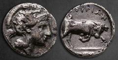 Greek Lucania. Thourioi circa 400-350 BC. Triobol AR 11 mm, 1,03 g Head of Athena right, wearing crested Corinthian helmet decorated with Skylla / ΘOYPIΩN, bull butting right; in exergue, fish right. 