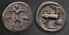 Greek Bruttium. Kaulonia circa 475-425 BC. 1/6 Nomos AR 10 mm, 1,29 g Apollo advancing right, holding branch; to right, stag standing right, head reverted / Stag standing right; laurel branch before. 
