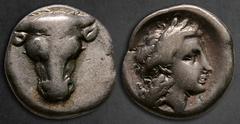 Greek Phokis. Federal Coinage circa 357-354 BC. Philomelos, strategos Triobol AR 14 mm, 2,54 g Facing head of bull / Laureate head of Apollo right; laurel branch to left. Very Fine, Toned HGC 4, 1048.