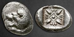 Greek Ionia. Miletos circa 525-475 BC. Diobol AR 10 mm, 1,21 g Forepart of lion to right, his head turned back to left / Star-shaped floral ornament within incuse square. Very Fine Klein 424; SNG Keck