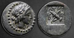 Greek Lycia. Kragos. Lykian League circa 30-27 BC. Bronze Æ 15 mm, 2,60 g Laureate head of Apollo right / ΛYKI K-P, bow and quiver; all within incuse square. Nearly Extremely Fine RPC I 3315a; Troxell